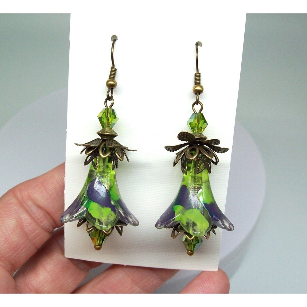 Boho flower earrings dangle, Hand painted, Vintage style, Bronze, Flower gifts f